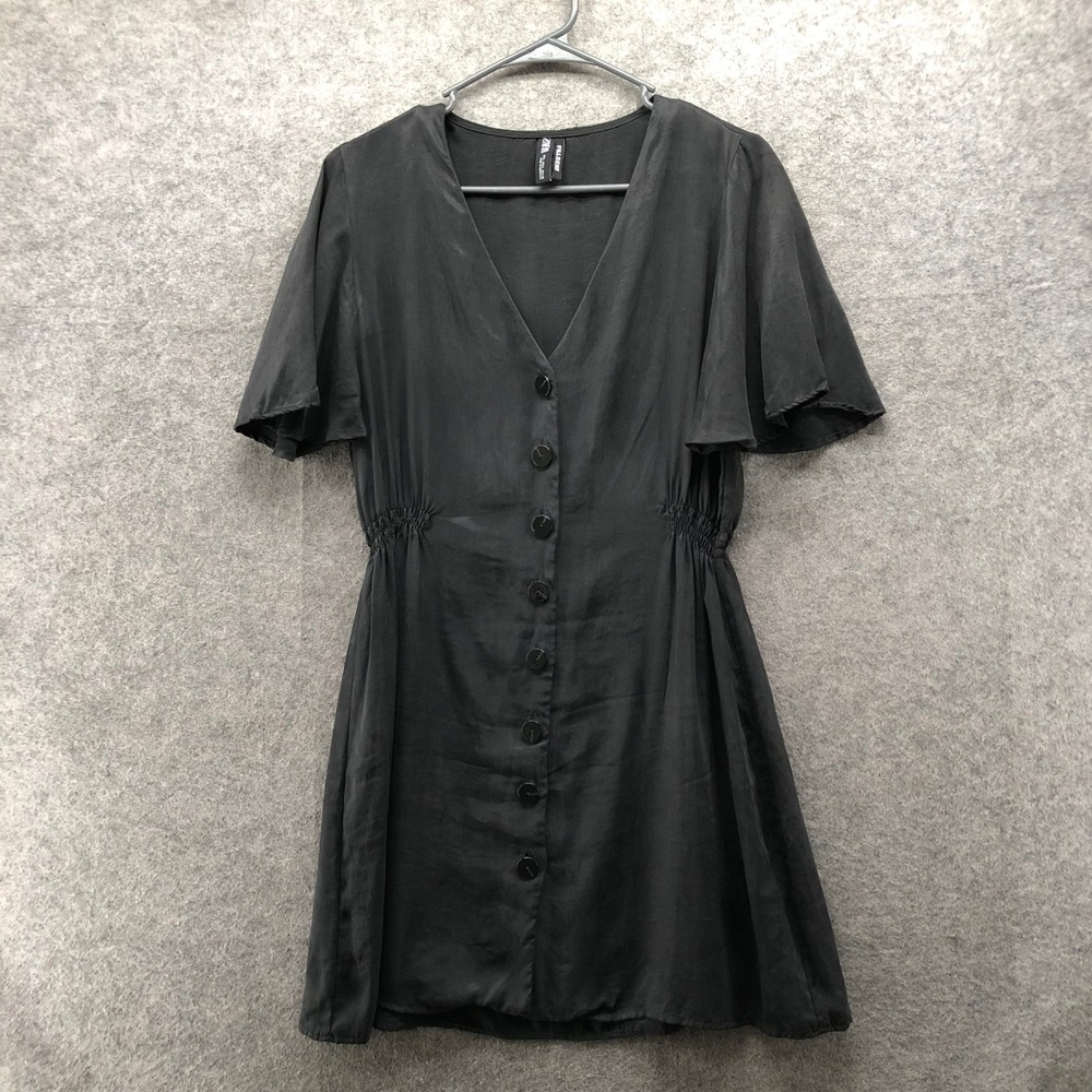Zara Fillsens Button Front Mini Dress Womens‎ L Black Shirt Dress Lyocell